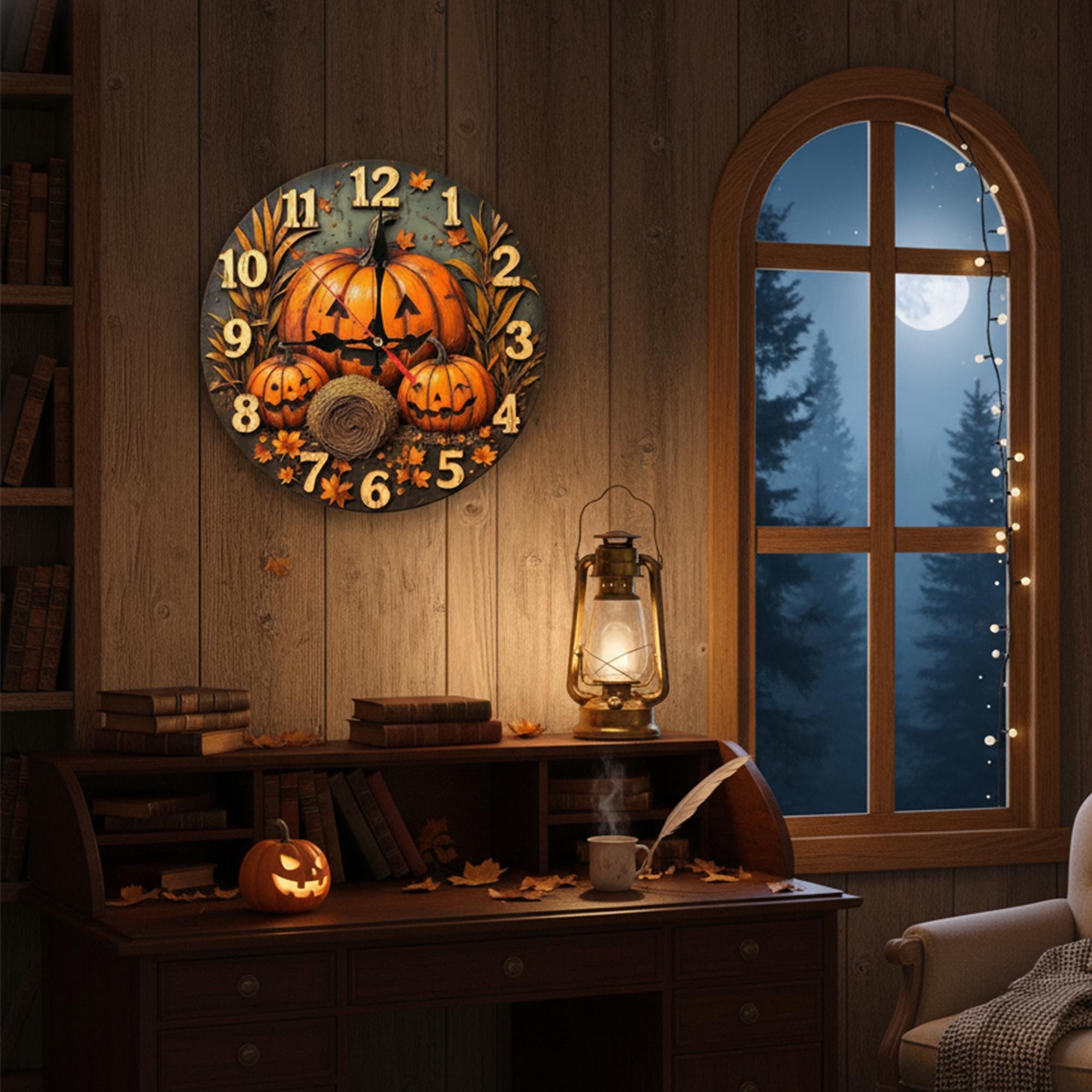 Spooky Pumpkin Patch Wall Clock, Halloween Decor on 2D Printed MDF, Rustic Fall Timepiece