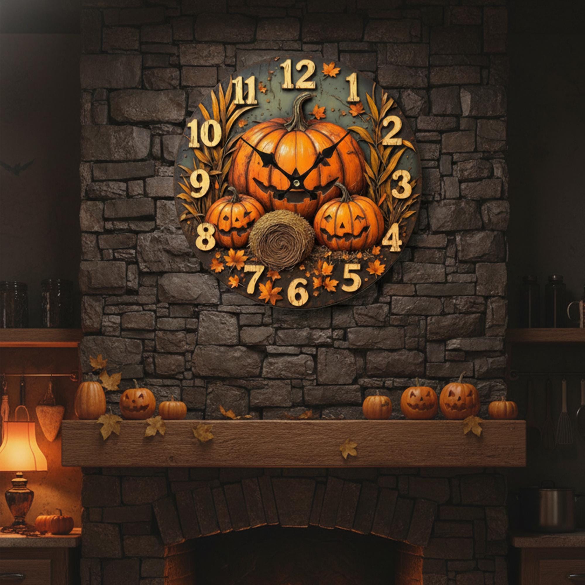 Spooky Pumpkin Patch Wall Clock, Halloween Decor on 2D Printed MDF, Rustic Fall Timepiece