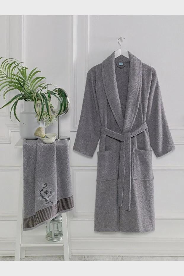 Unisex Bathrobe and Towel Set, 2-Piece Soft Cotton Bath Set, Spa Style Hooded Robe Matching Towel, Bathroom Gift for Him & Her