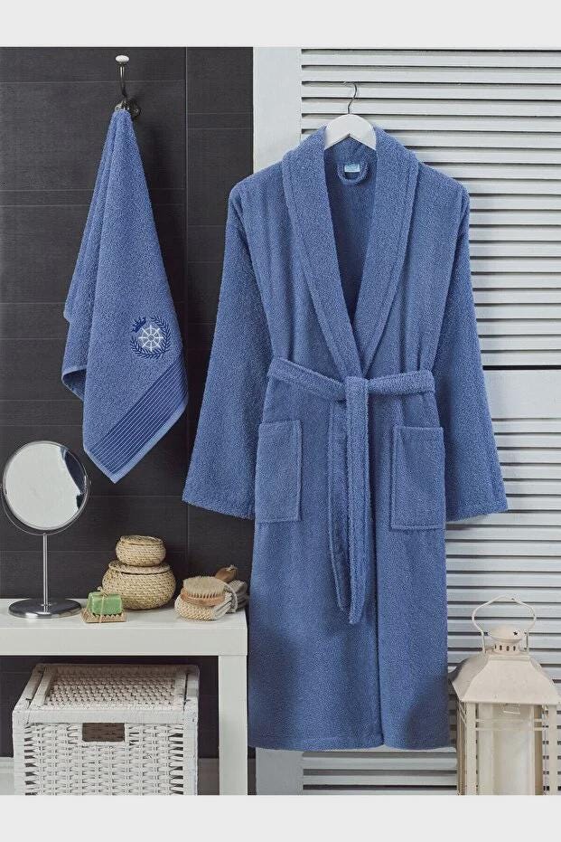 Unisex Bathrobe and Towel Set, 2-Piece Soft Cotton Bath Set, Spa Style Hooded Robe Matching Towel, Bathroom Gift for Him & Her