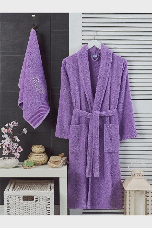 Unisex Bathrobe and Towel Set, 2-Piece Soft Cotton Bath Set, Spa Style Hooded Robe Matching Towel, Bathroom Gift for Him & Her