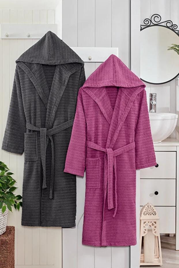 2-Piece Hooded Couple Bathrobe Set – Matching His and Her Robes, Soft Cotton Unisex Bathrobes, Perfect Wedding & Anniversary Gift