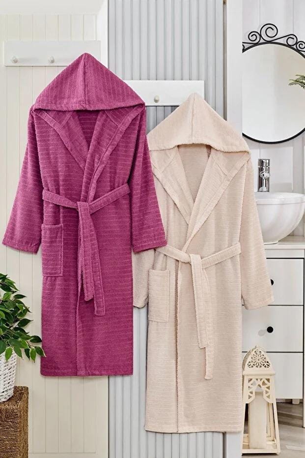 2-Piece Hooded Couple Bathrobe Set – Matching His and Her Robes, Soft Cotton Unisex Bathrobes, Perfect Wedding & Anniversary Gift