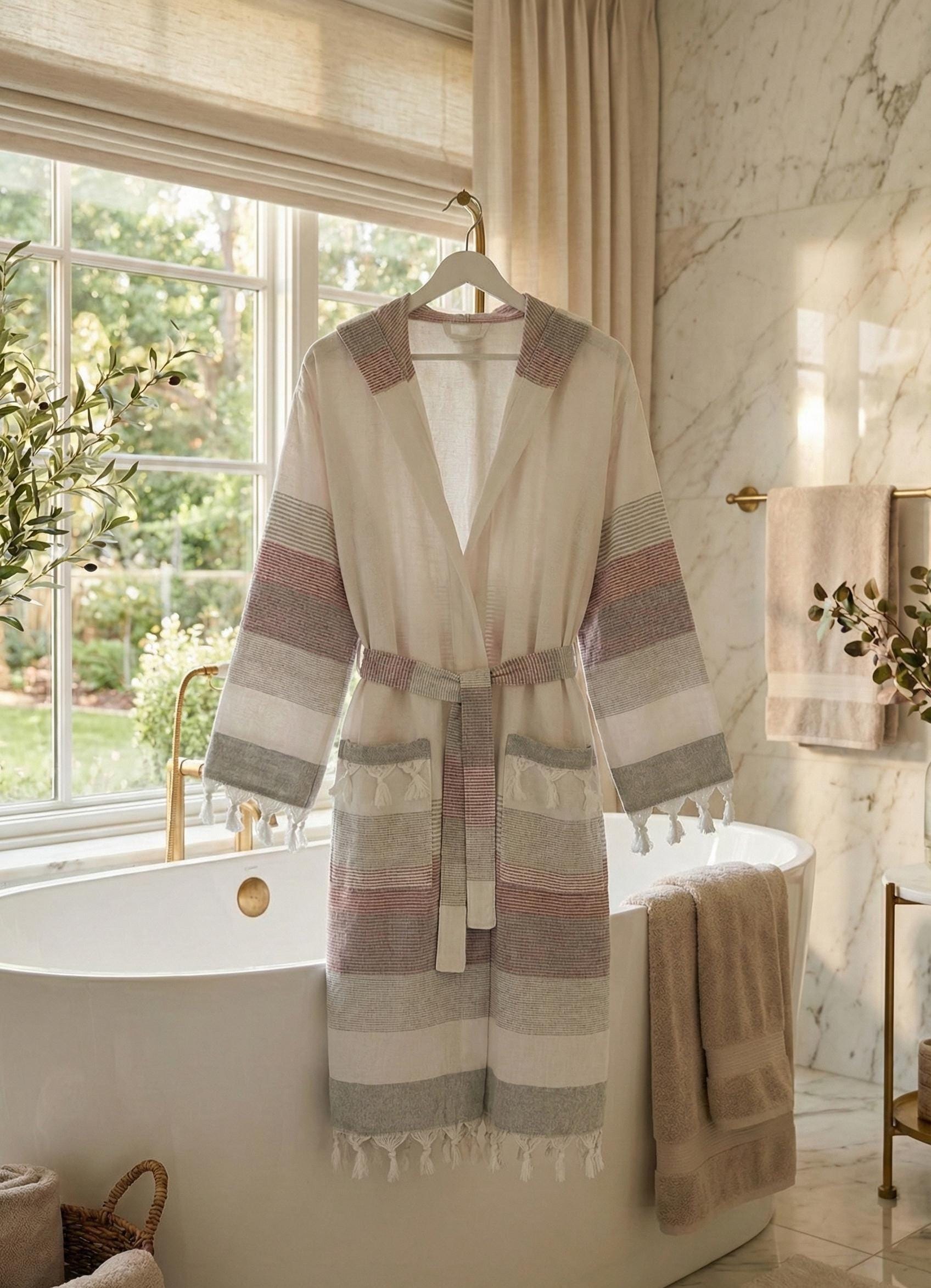 Turkish Peshtemal Bathrobe – Lightweight Cotton Summer Robe, Women & Unisex Kimono Style Bathrobe, Soft Hammam Towel Robe