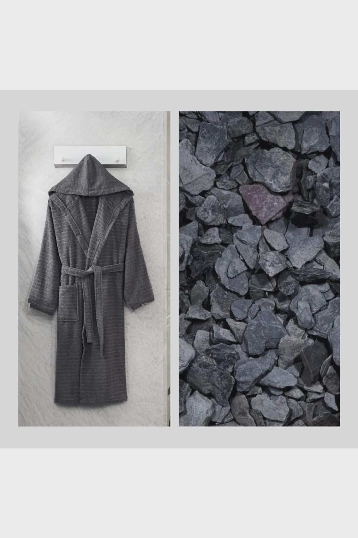 Anthracite Hooded Cotton Bathrobe – Soft Unisex Robe, Dark Grey Spa Bathrobe, Cozy Daily Use Robe, Lightweight Personalized Gift