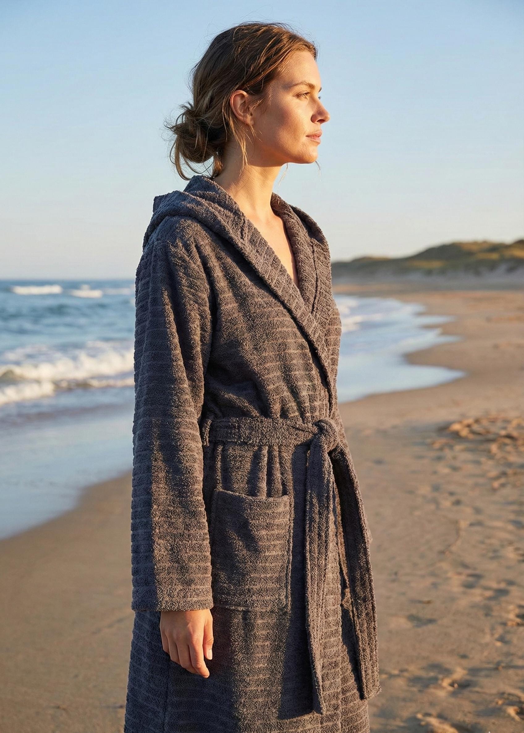 Anthracite Hooded Cotton Bathrobe – Soft Unisex Robe, Dark Grey Spa Bathrobe, Cozy Daily Use Robe, Lightweight Personalized Gift