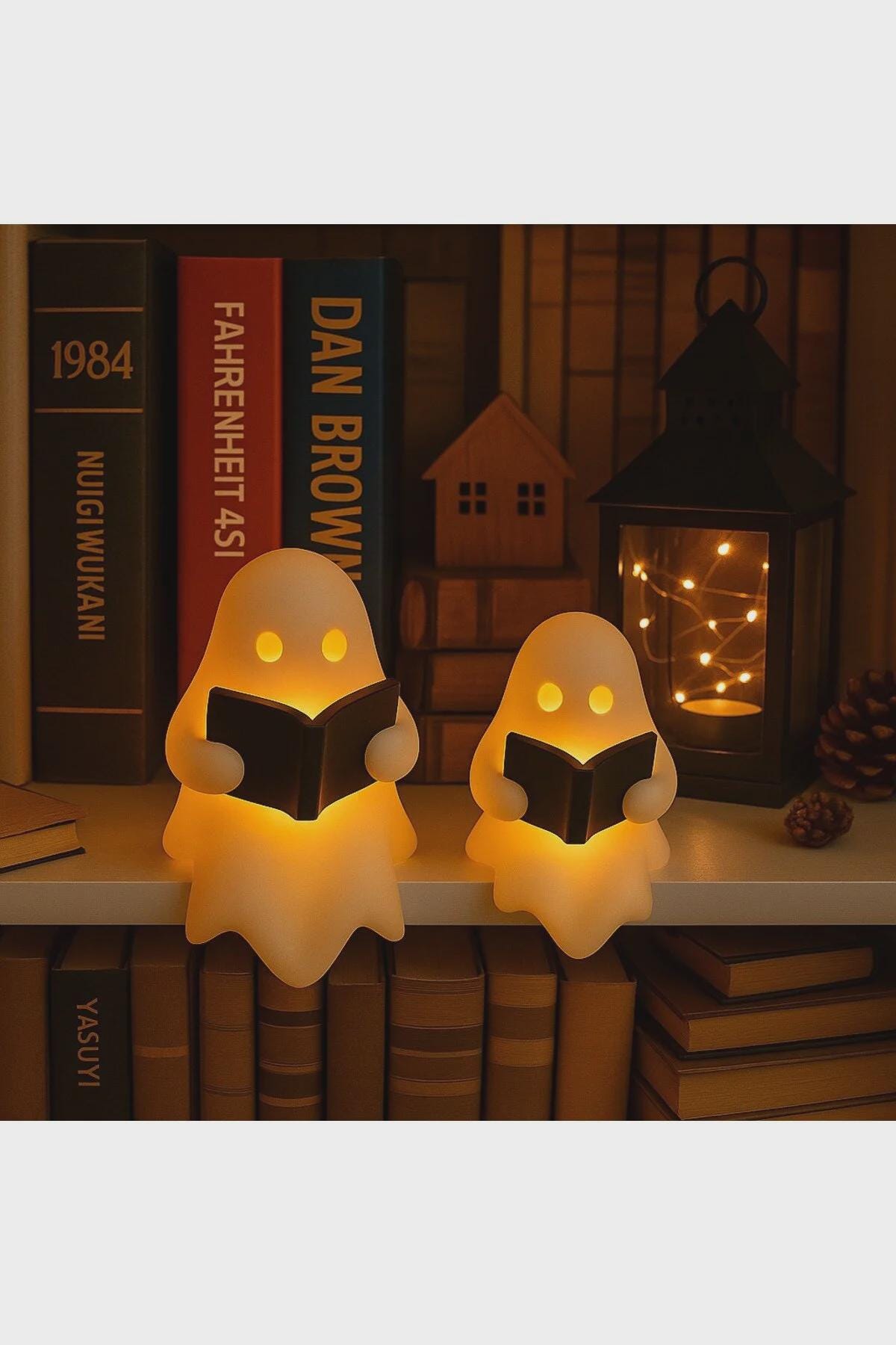 Reading Ghost Figurine Set (2 pcs) – LED Candle Compatible Halloween Table Decor – Spooky Book Lover Ghost Ornament