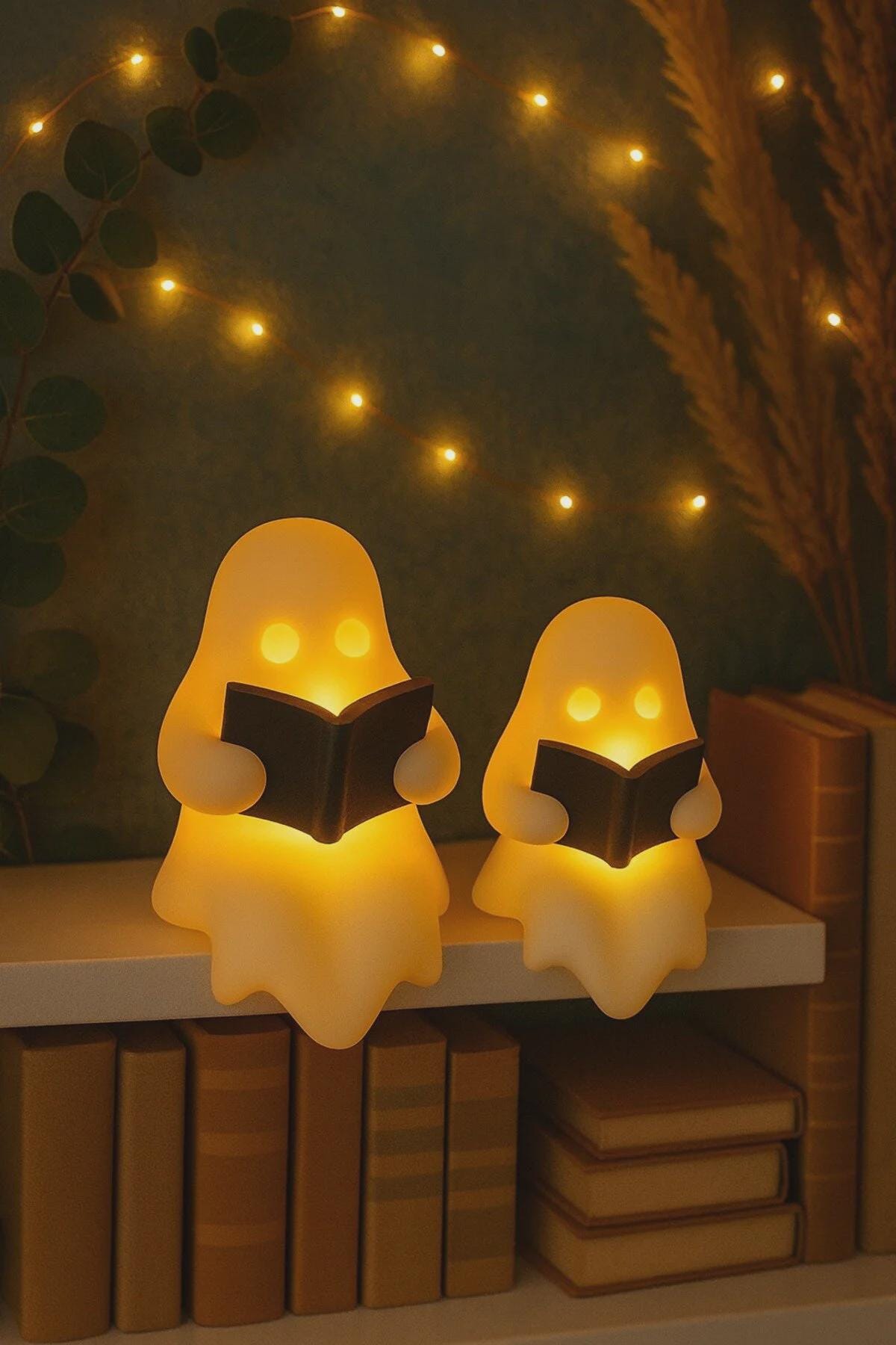 Reading Ghost Figurine Set (2 pcs) – LED Candle Compatible Halloween Table Decor – Spooky Book Lover Ghost Ornament