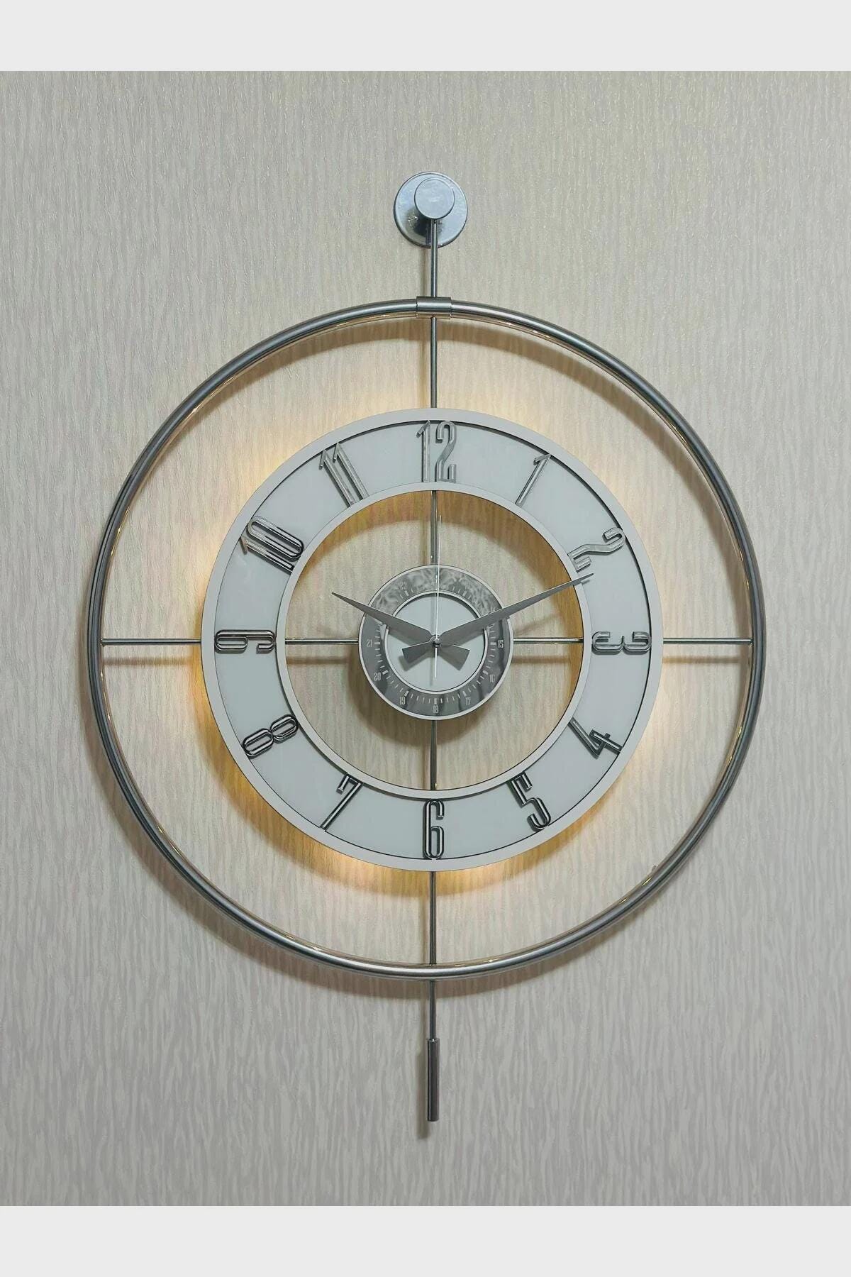 Large Modern Metal Wall Clock 60×80 cm – Chrome Powder Coated Glass Clock with LED Light for Contemporary Home Decor