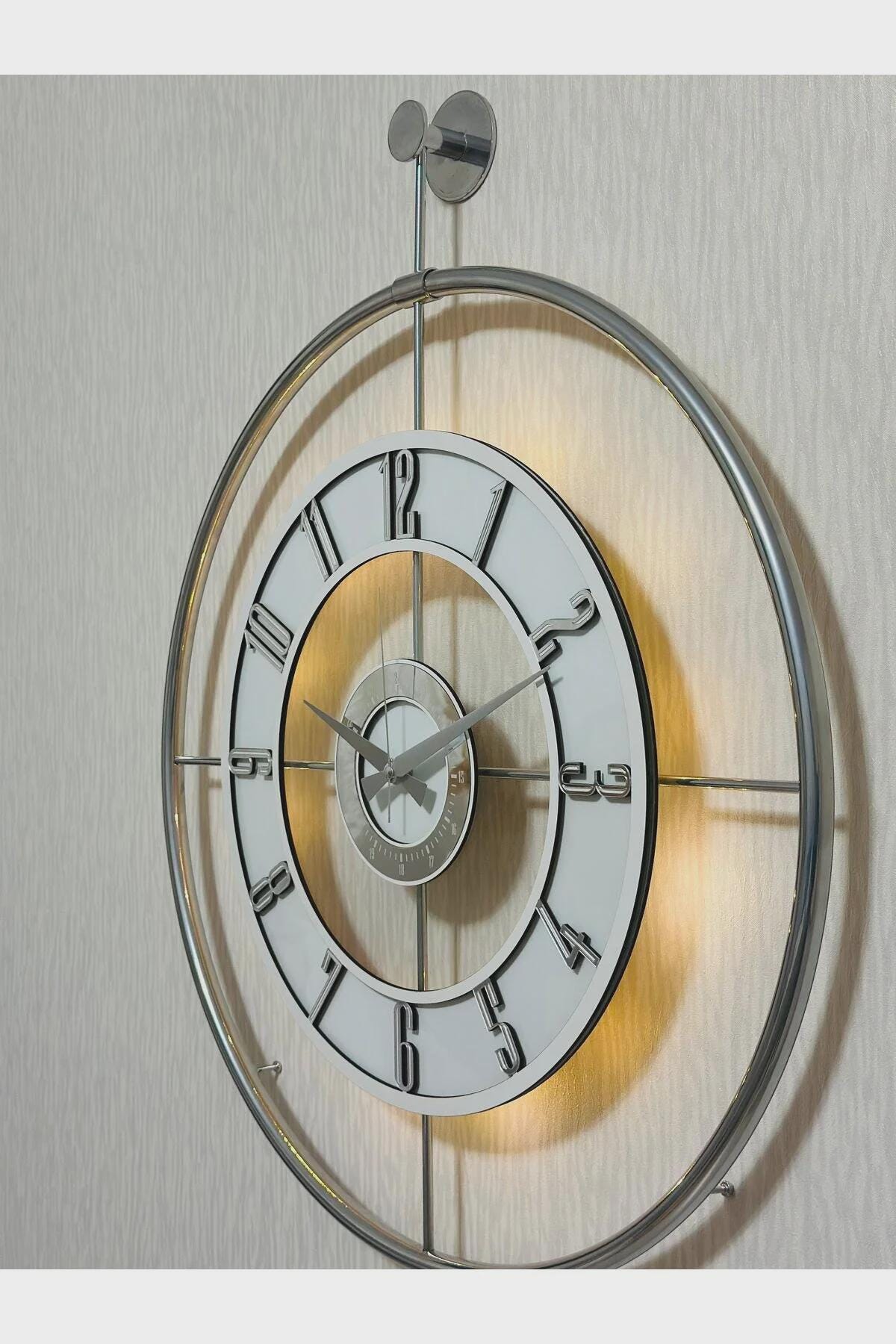 Large Modern Metal Wall Clock 60×80 cm – Chrome Powder Coated Glass Clock with LED Light for Contemporary Home Decor