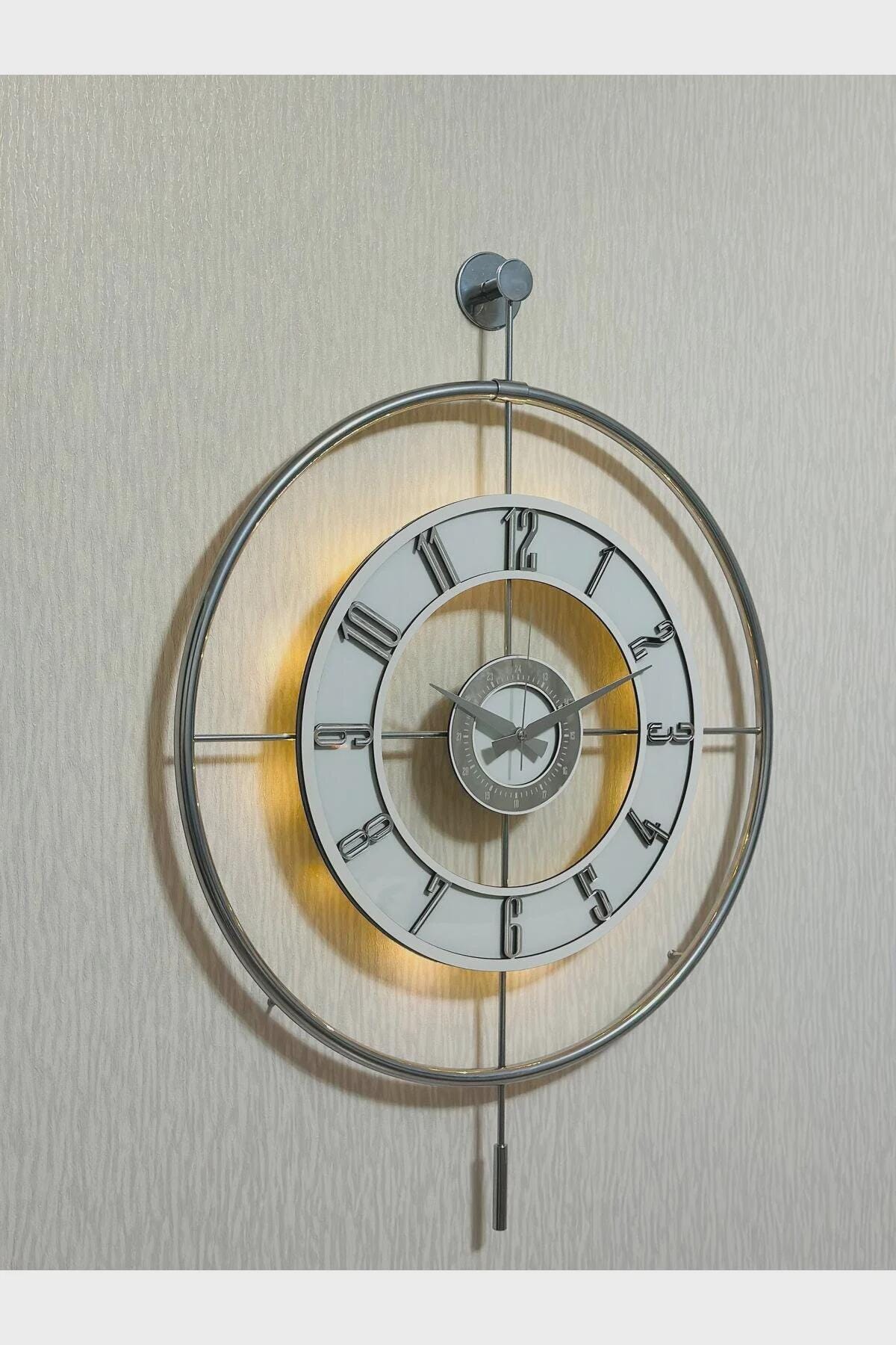 Large Modern Metal Wall Clock 60×80 cm – Chrome Powder Coated Glass Clock with LED Light for Contemporary Home Decor