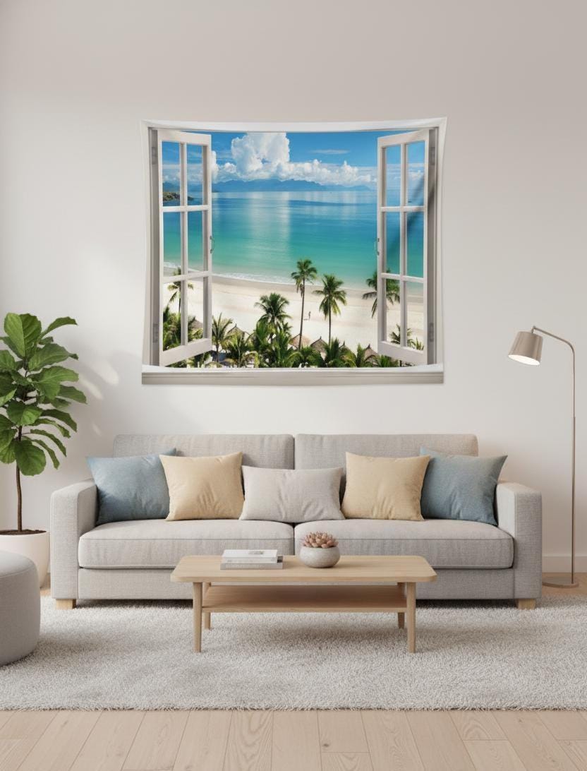 Beach Wall Tapestry with Palm Trees, Ocean and Cloud Art