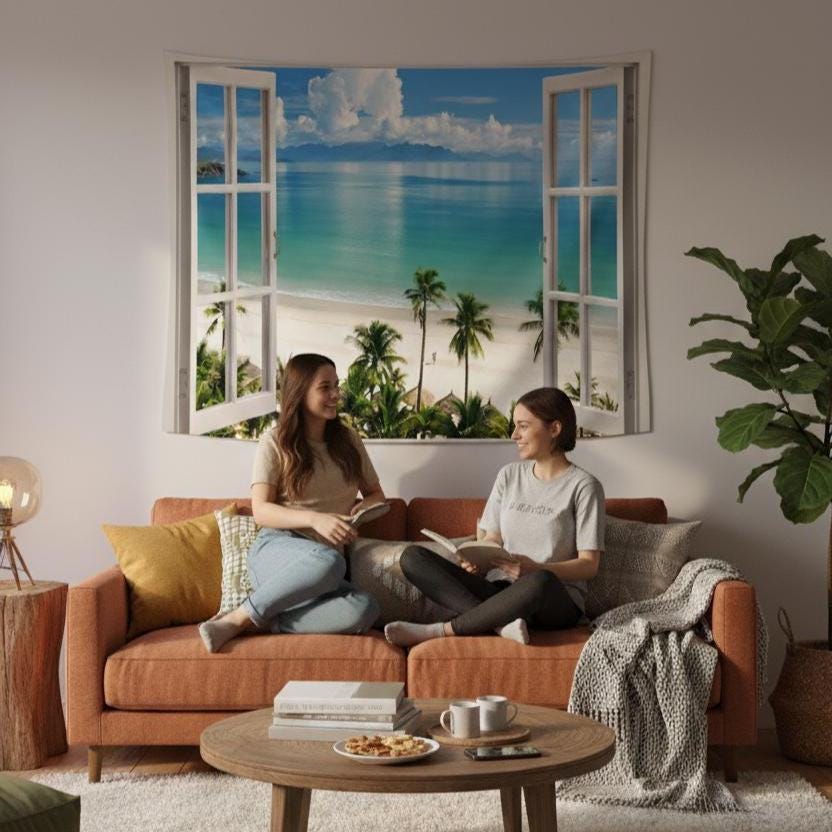 Beach Wall Tapestry with Palm Trees, Ocean and Cloud Art