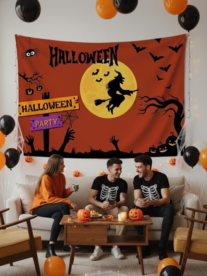 Halloween Witch Wall Tapestry – Spooky Horror Festival Wall Hanging, Gothic Halloween Room Decor, Scary Witch Tapestry