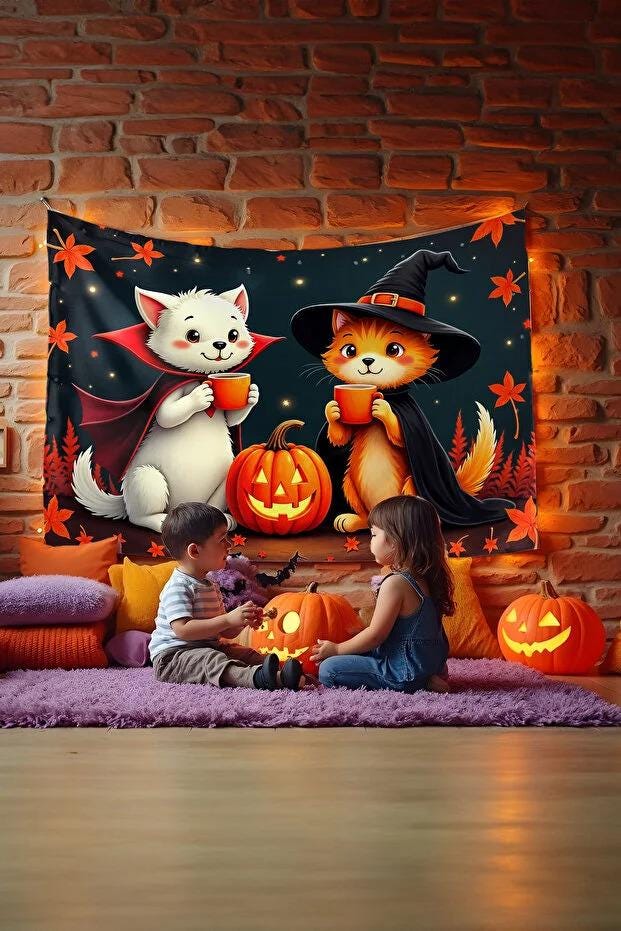 Spooky Halloween Wall Tapestry – Ghost & Skull Art – Gothic Room Hanging – Creepy Aesthetic Home Decor