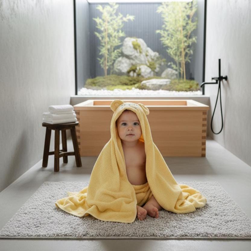 Embroidered Pupy Bear Baby Hooded Towel, Turkish Cotton Bath Wrap (100x100cm)