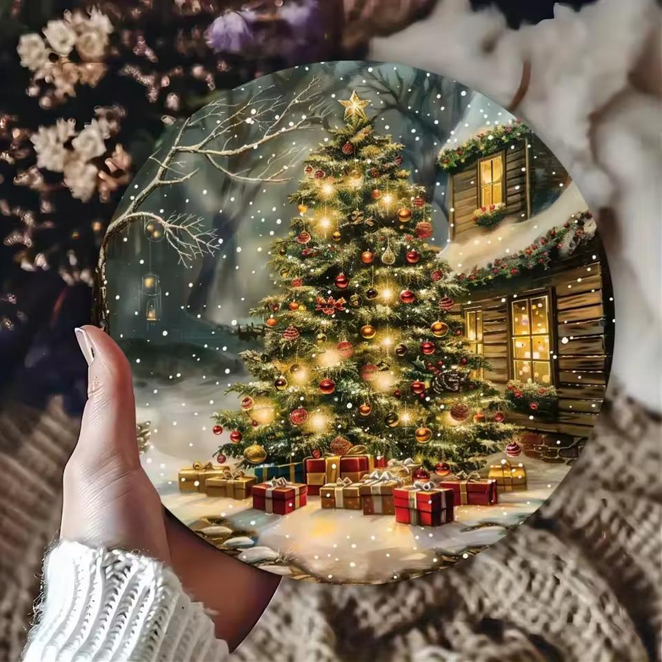 Vintage Christmas Wall Art Sign, 2D Printed MDF Holiday Decor, Glowing Tree & Gifts Retro Scene, Indoor Home Christmas Wall Hanging