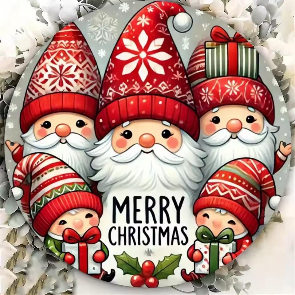 Gnome Christmas Wall Art, Merry Holiday MDF Sign, 2D Printed Round Christmas Decor, Cute Gnome Tin Sign Style Wall Hanging