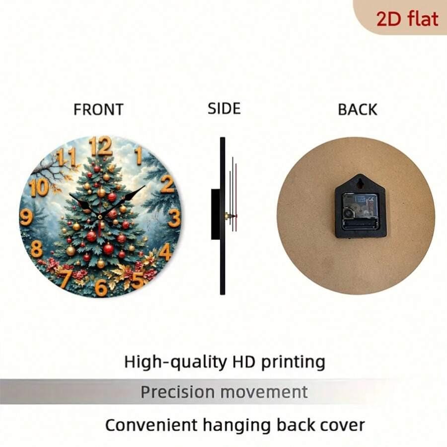 Christmas Tree Wooden Wall Clock 10”, 2D Flat Printed MDF Clock, Holiday Round Wall Decor, Festive Home Decoration & Gift Idea