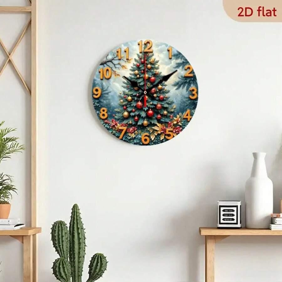 Christmas Tree Wooden Wall Clock 10”, 2D Flat Printed MDF Clock, Holiday Round Wall Decor, Festive Home Decoration & Gift Idea