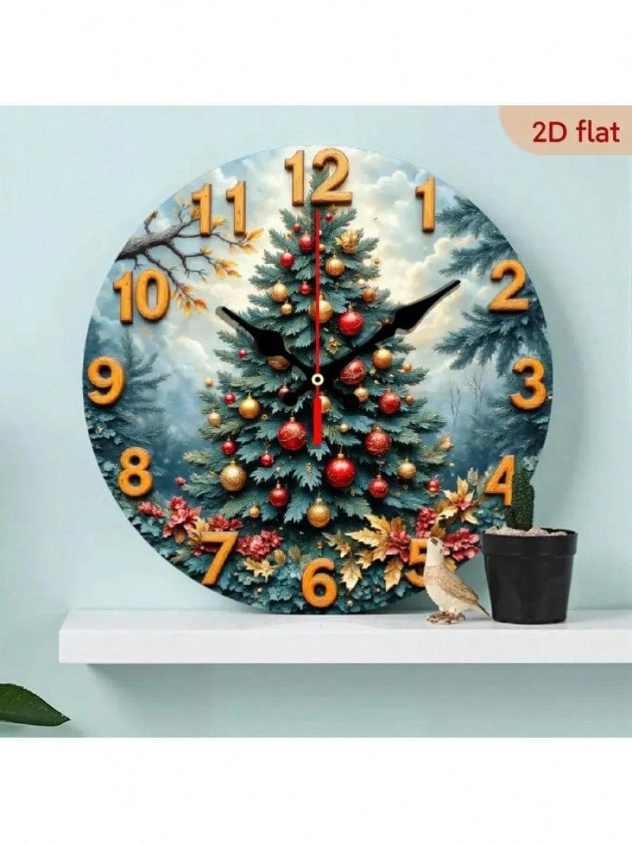 Christmas Tree Wooden Wall Clock 10”, 2D Flat Printed MDF Clock, Holiday Round Wall Decor, Festive Home Decoration & Gift Idea