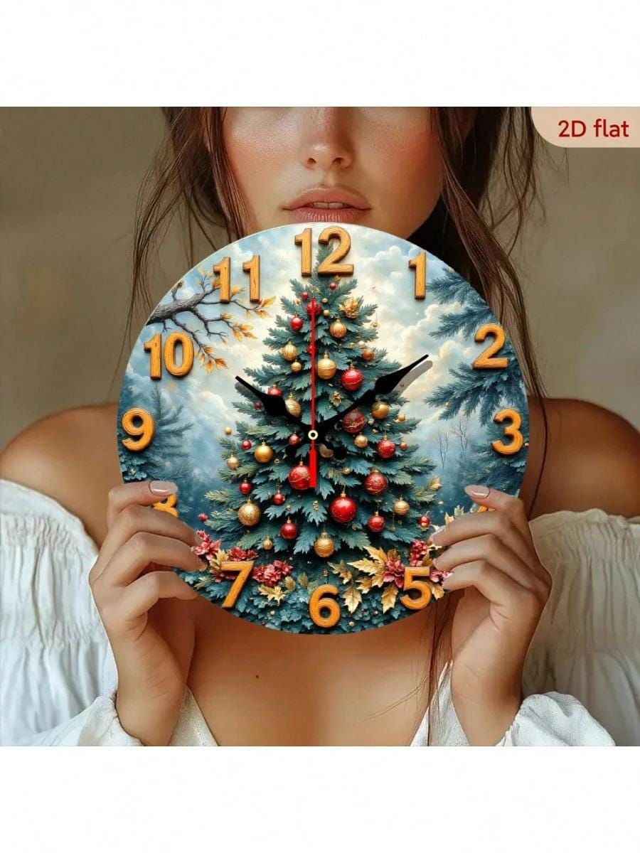 Christmas Tree Wooden Wall Clock 10”, 2D Flat Printed MDF Clock, Holiday Round Wall Decor, Festive Home Decoration & Gift Idea