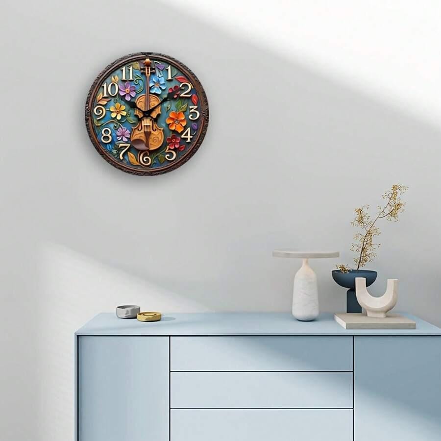 Silent Wooden Wall Clock with Violin Art & Floral Design – Round Decorative Clock for Bedroom, Living Room, Home Office