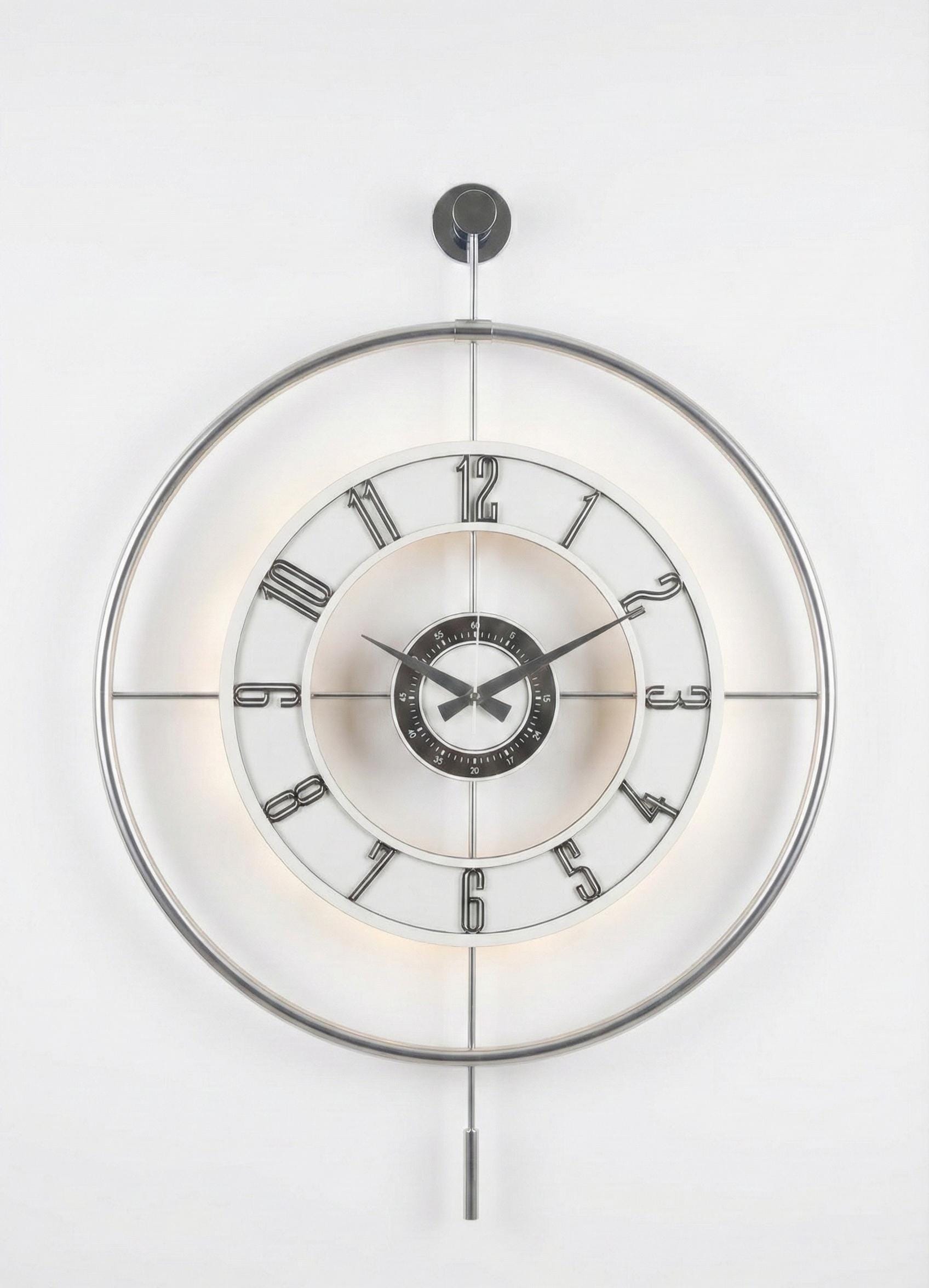 Large Modern Metal Wall Clock 60×80 cm – Chrome Powder Coated Glass Clock with LED Light for Contemporary Home Decor