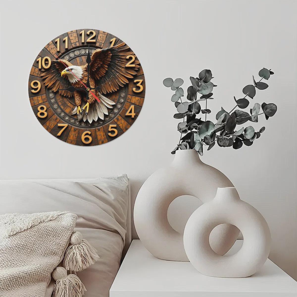 Eagle Wood Wall Clock – 2D Printed Silent Rustic Wooden-Look Wall Art for Home, Office & Cabin Decor