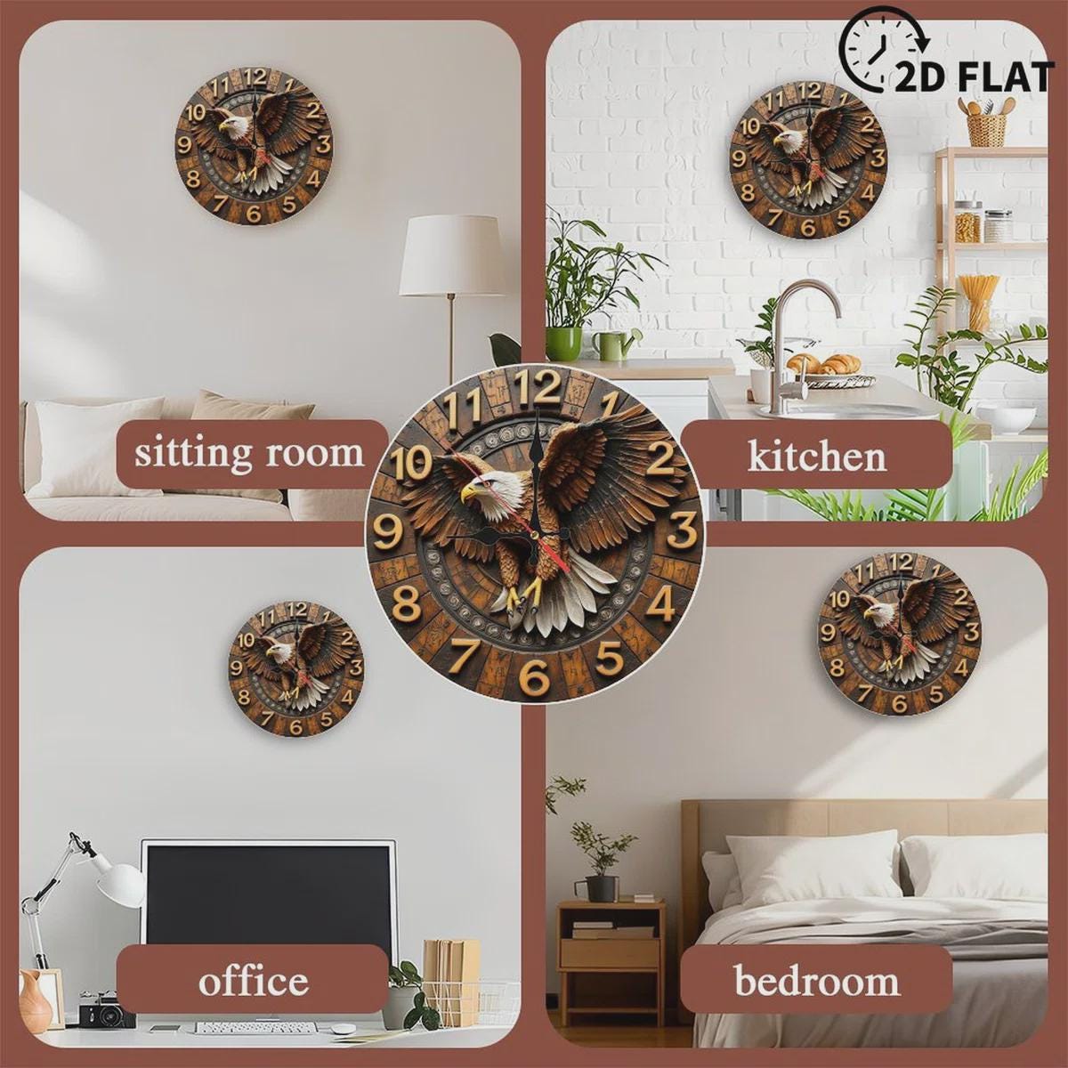 Eagle Wood Wall Clock – 2D Printed Silent Rustic Wooden-Look Wall Art for Home, Office & Cabin Decor