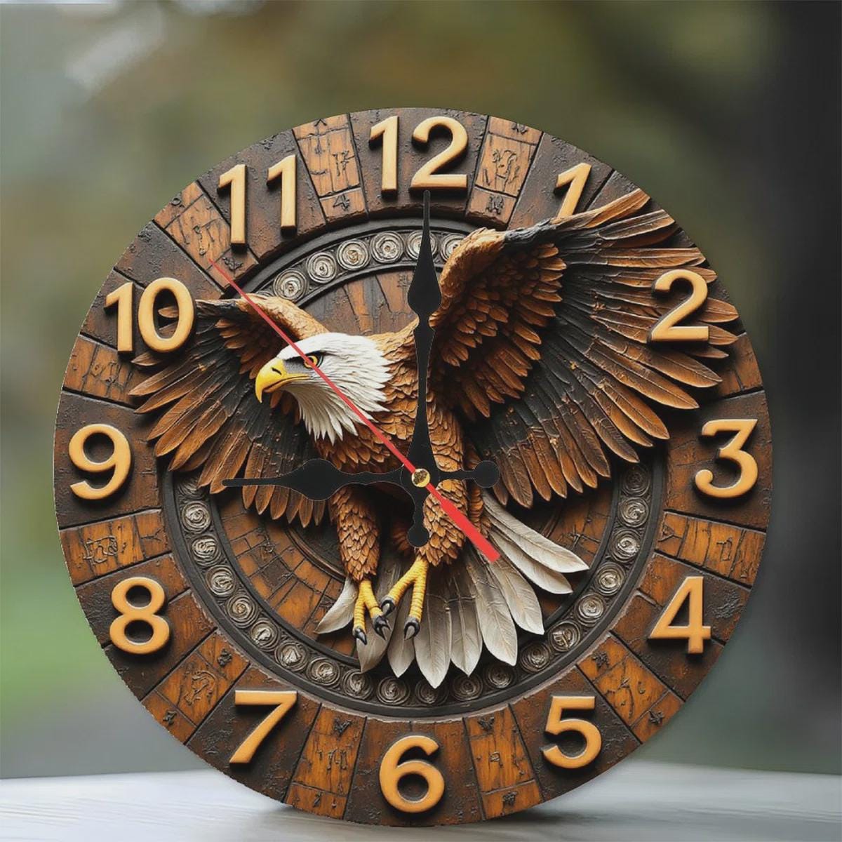 Eagle Wood Wall Clock – 2D Printed Silent Rustic Wooden-Look Wall Art for Home, Office & Cabin Decor