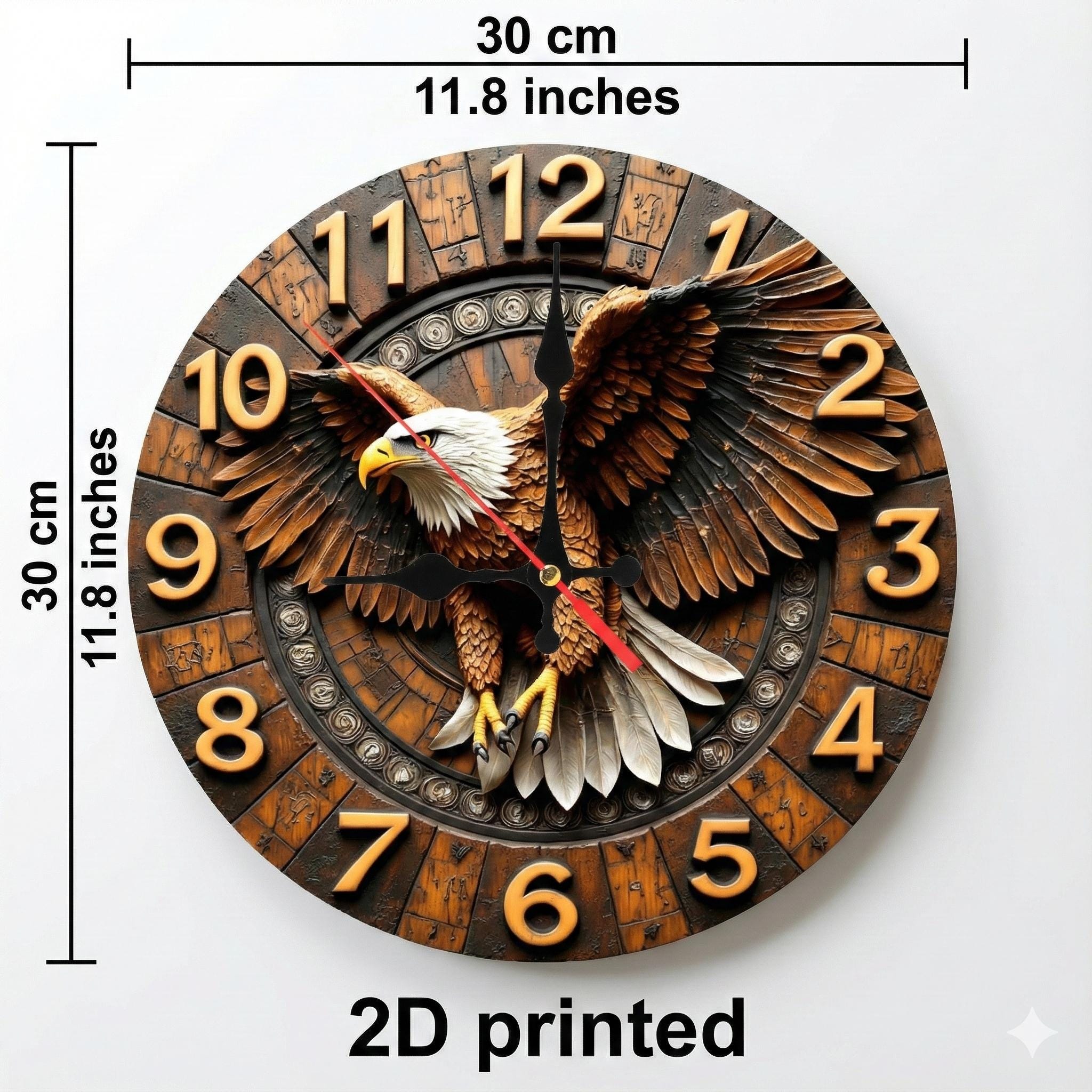 Eagle Wood Wall Clock – 2D Printed Silent Rustic Wooden-Look Wall Art for Home, Office & Cabin Decor