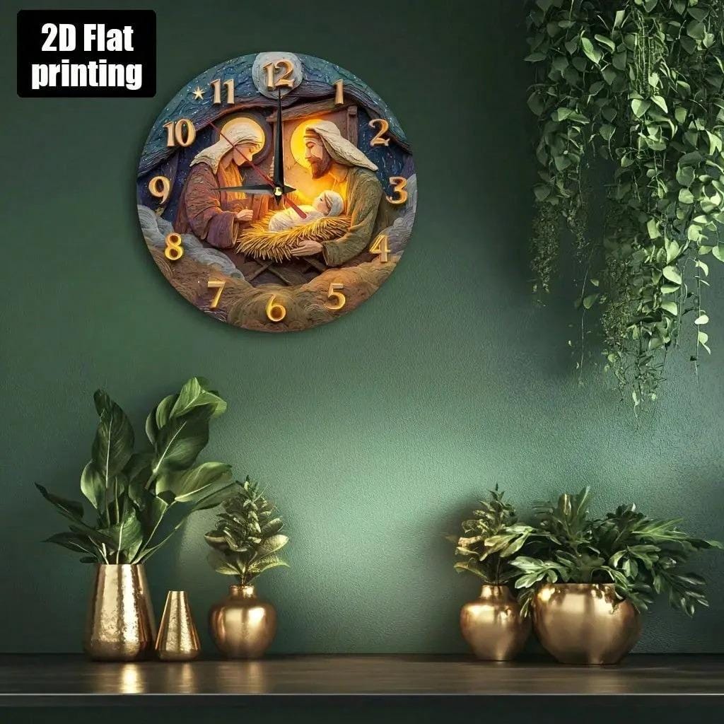 Christmas Scene Wall Clock – 2D Printed Silent Farmhouse Holiday Decor, Rustic Non-Ticking Round Clock