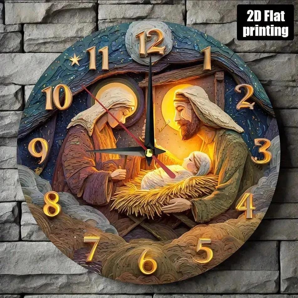 Christmas Scene Wall Clock – 2D Printed Silent Farmhouse Holiday Decor, Rustic Non-Ticking Round Clock
