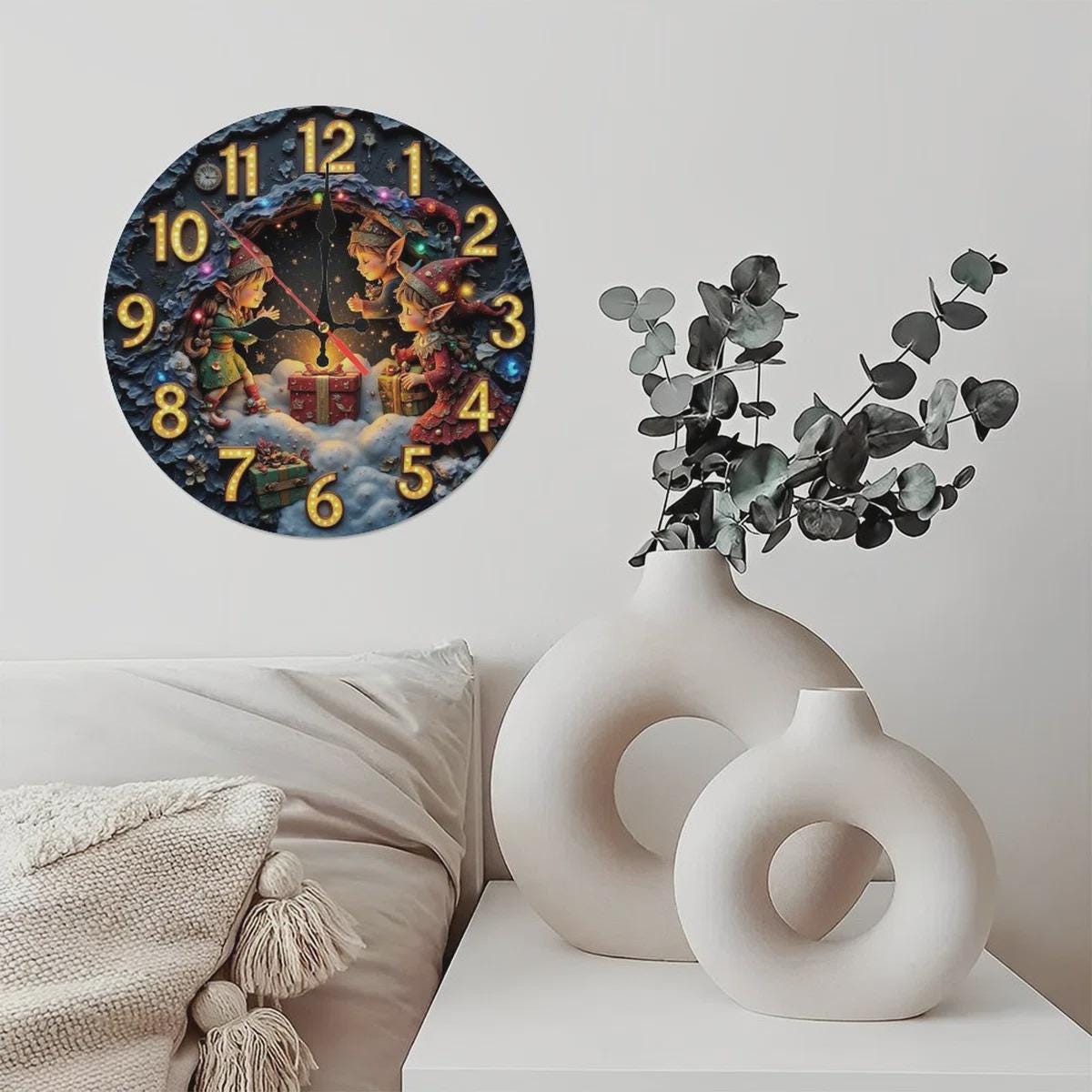 Christmas Clock With Elves & Gifts – Silent 2D Printed Festive Round Wall Art for Holiday Home Decor