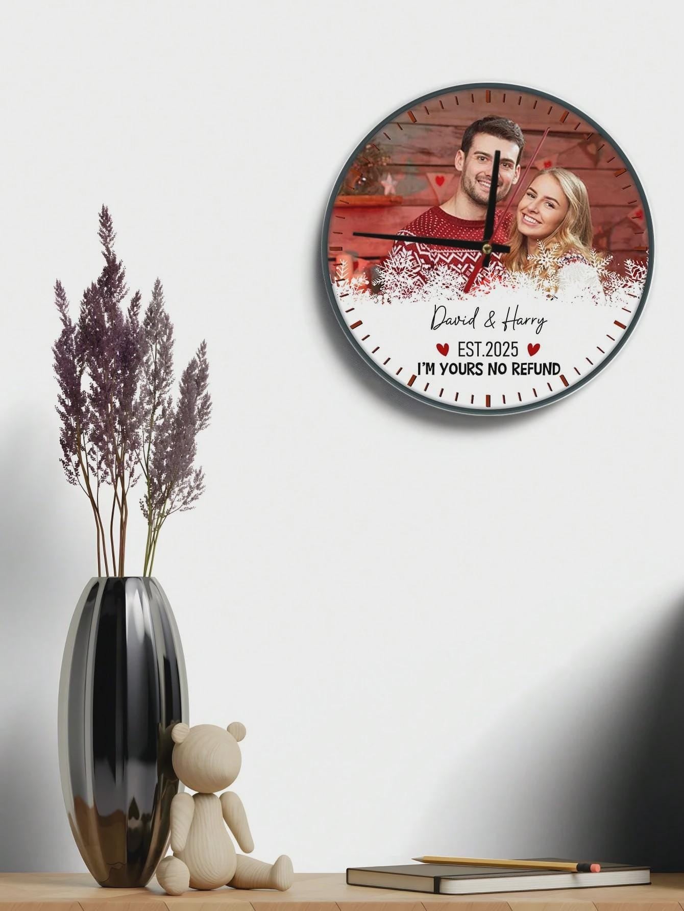 Personalized Photo Clock With Custom Name - Romantic Couple Wall Decor Gift - Unique Love Ornament For Christmas, Rustic Wall Clock Decor