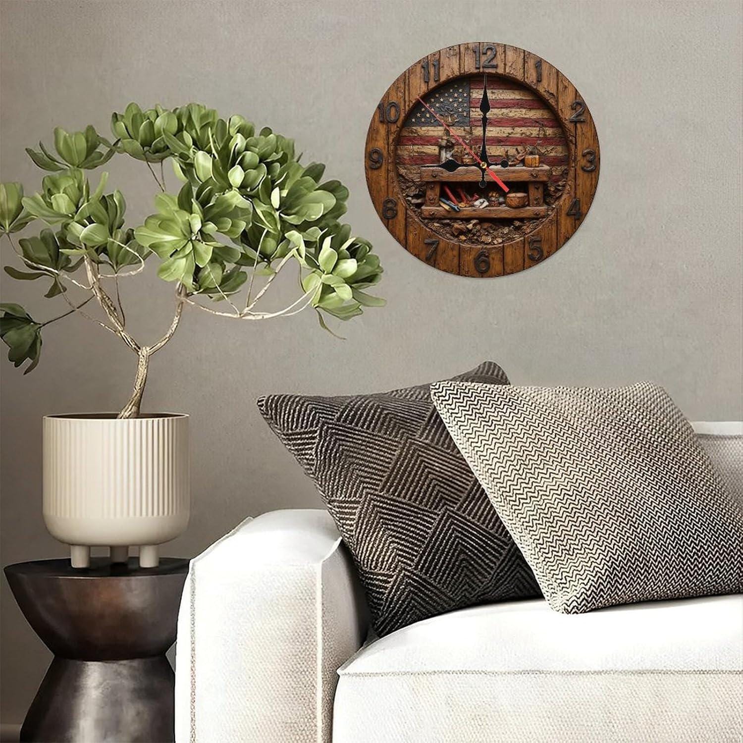 American Flag Wall Clock, Rustic Eagle Decor, Patriotic Gift for Veteran Dad, Silent Non-Ticking Quartz, Man Cave Office Wall Art, USA