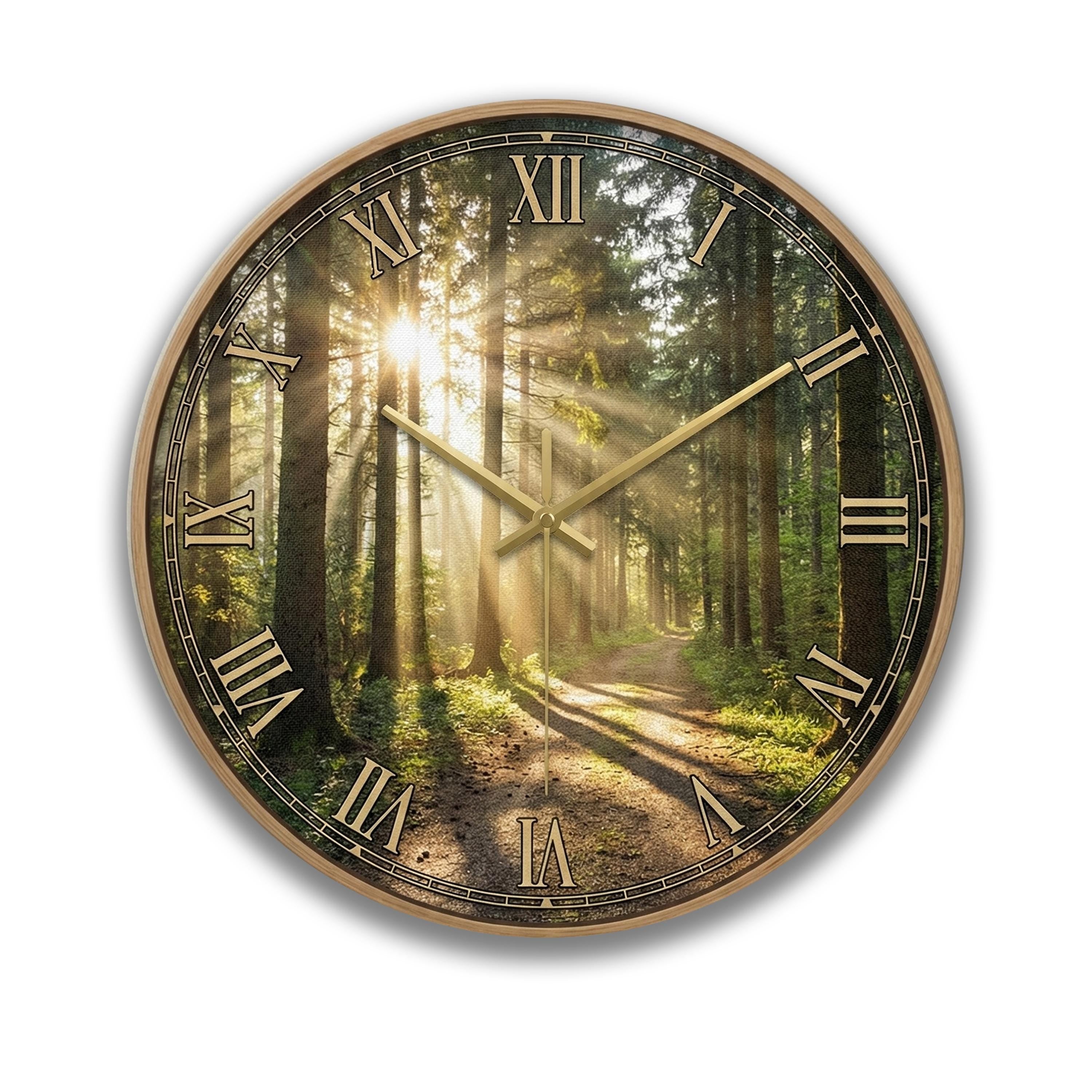 Forest Wall Clock, Nature Landscape Round Clock, Green Trees & Sun Rays Art, Rustic Farmhouse Decor, Silent Wood Clock, Housewarming Gift