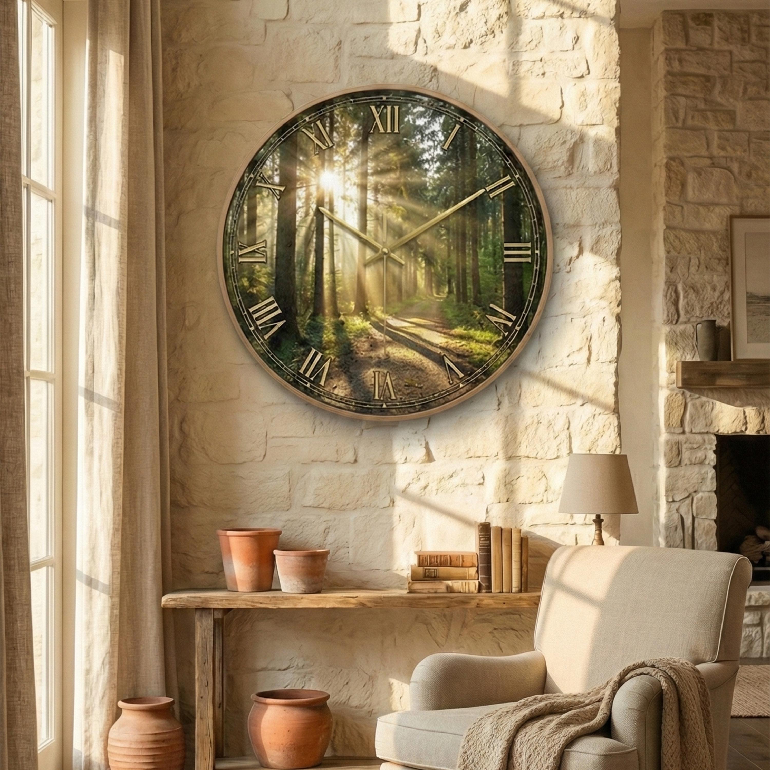 Forest Wall Clock, Nature Landscape Round Clock, Green Trees & Sun Rays Art, Rustic Farmhouse Decor, Silent Wood Clock, Housewarming Gift