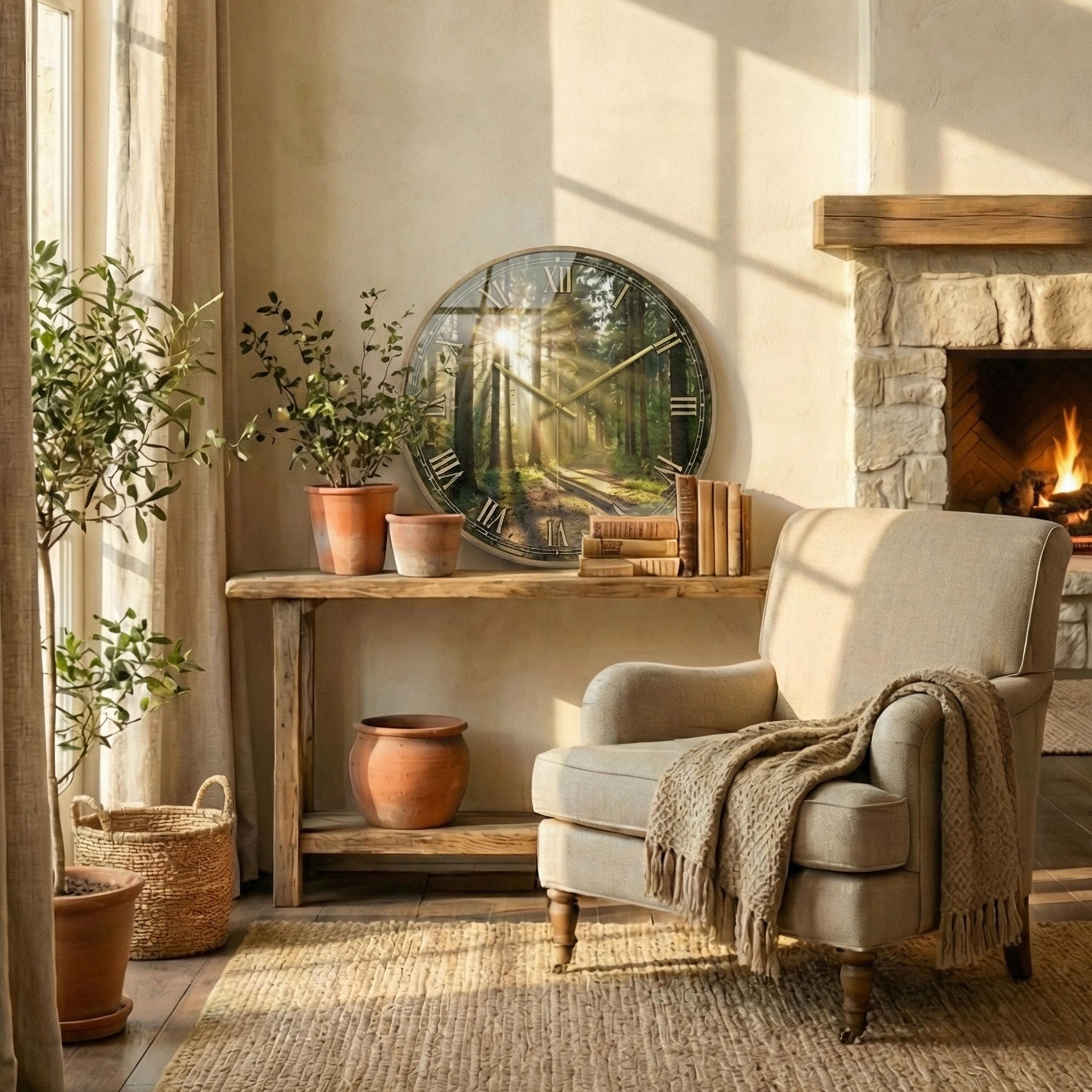 Forest Wall Clock, Nature Landscape Round Clock, Green Trees & Sun Rays Art, Rustic Farmhouse Decor, Silent Wood Clock, Housewarming Gift