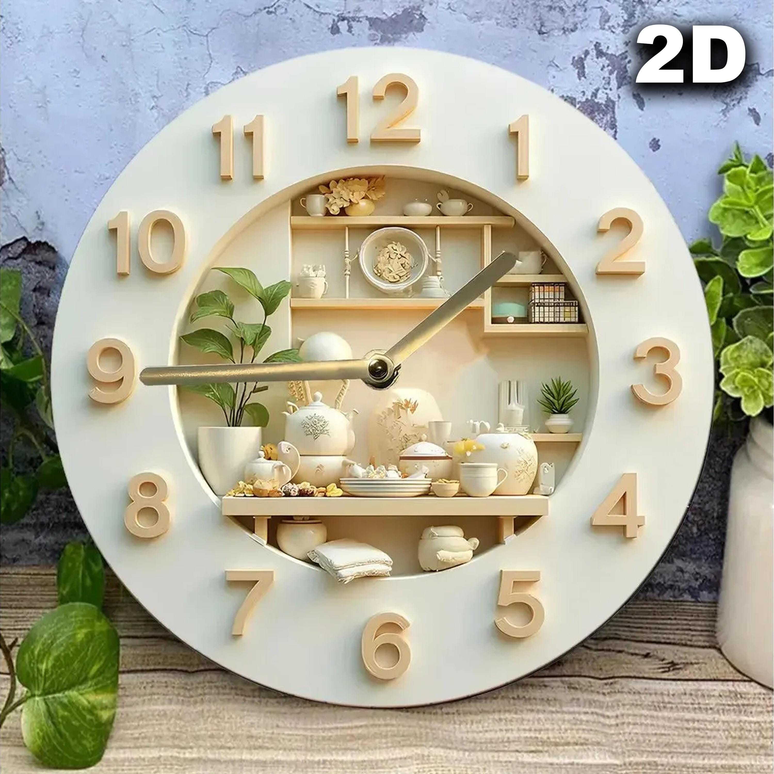 Kitchen Wall Clock with Faux Shelf Detail – Personalized 2D MDF Clock with 3D Effect, Silent Modern Farmhouse Kitchen Decor