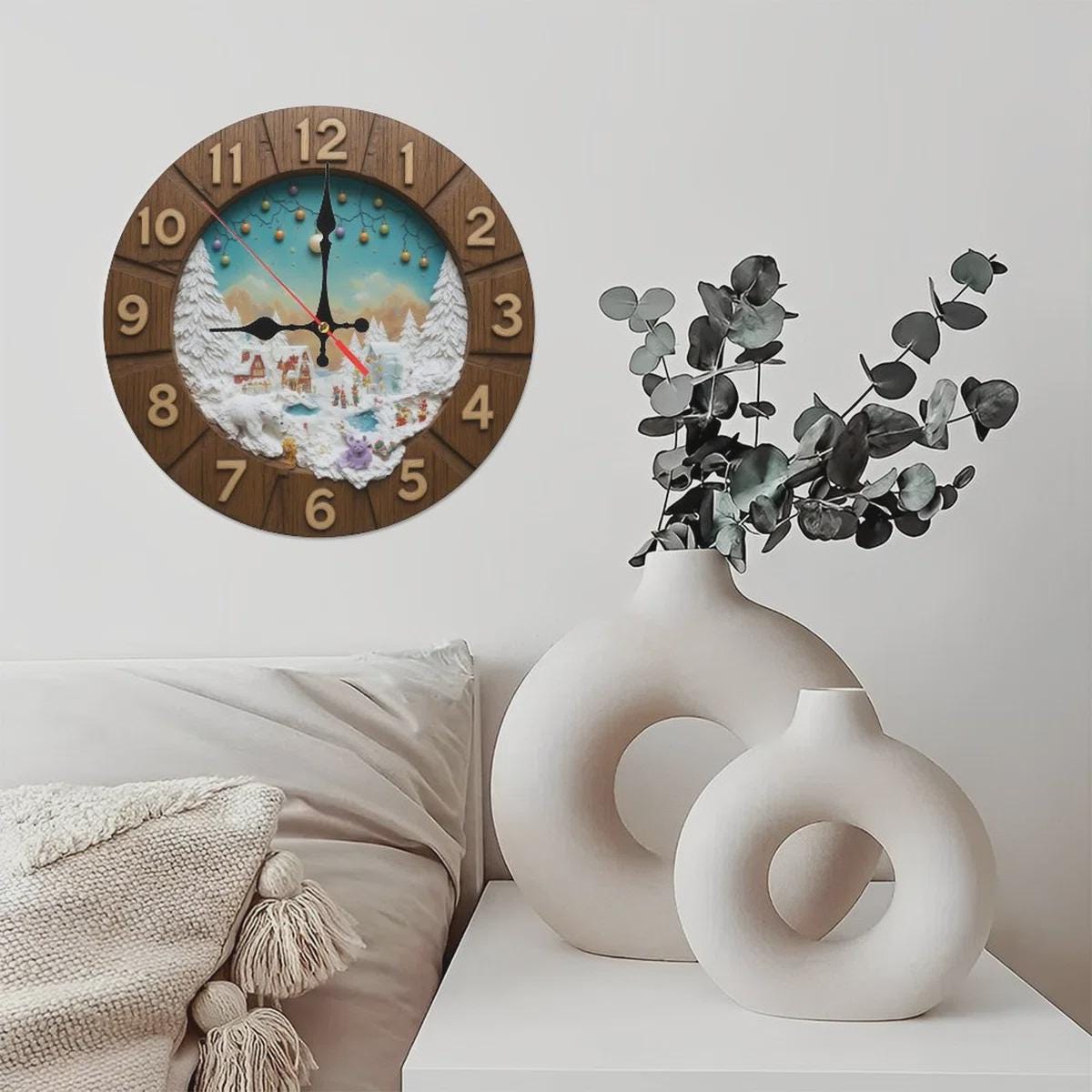 Winter Village Wall Clock, 3D Relief Art, Rustic Wooden Christmas Decor, Snowy Landscape Timepiece, Holiday Home Gift