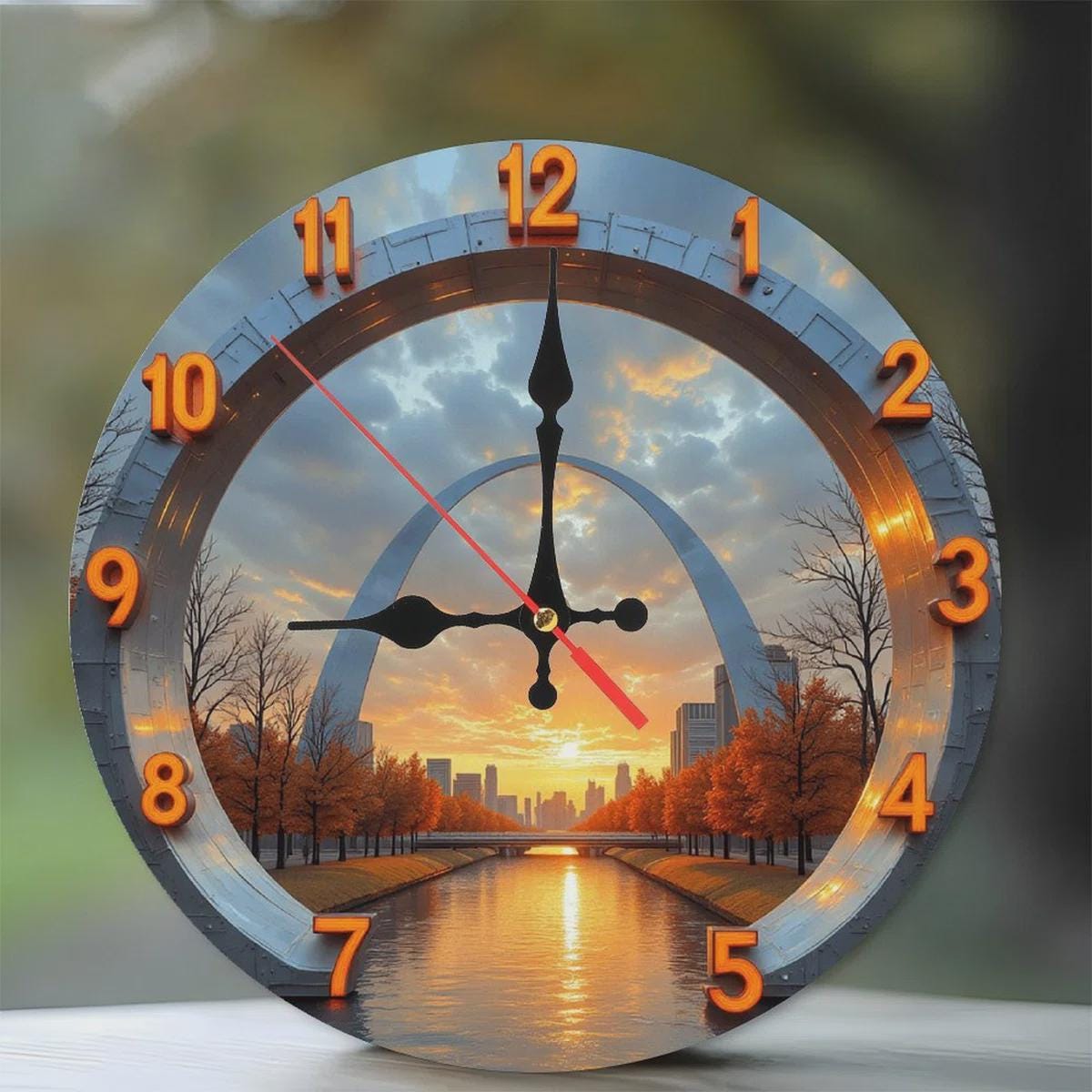 St Louis Gateway Arch Clock at Sunset, Missouri Cityscape Art, Silent Travel Souvenir, Landscape Timepiece, Moving Away Gift