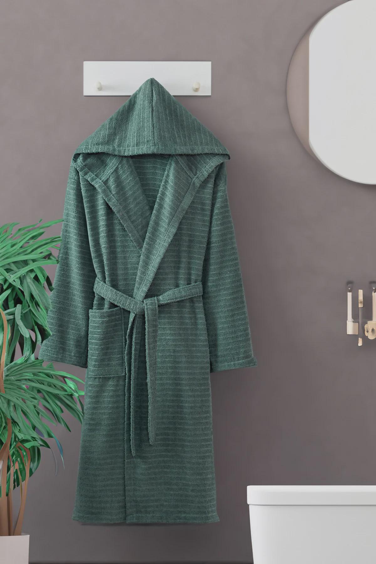 Nature Green Hooded Cotton Bathrobe – Soft Unisex Brick Color Bathrobe, Comfy Daily Spa Bathrobe, Lightweight Personalized Gift