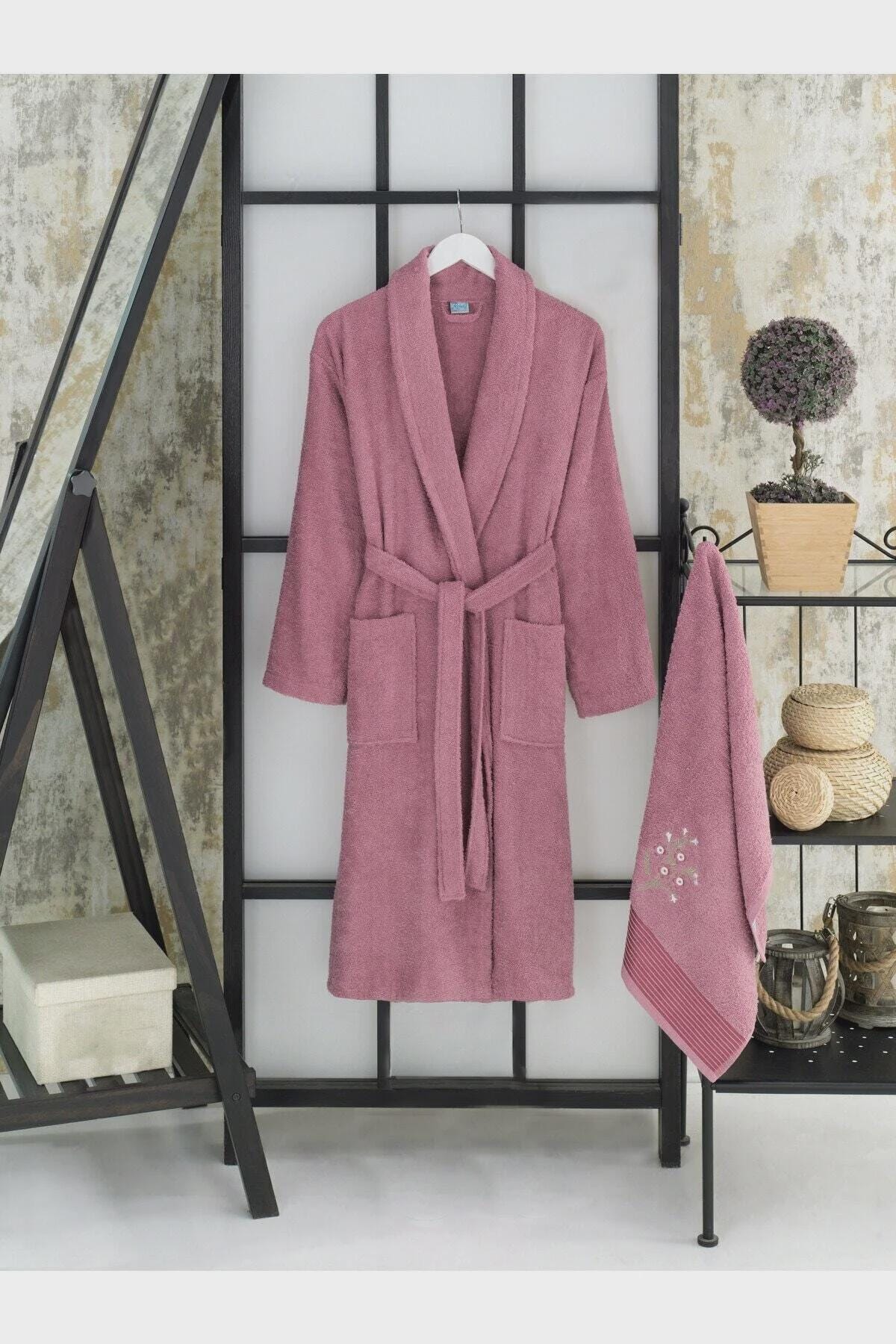 Unisex Bathrobe and Towel Set, 2-Piece Soft Cotton Bath Set, Spa Style Hooded Robe Matching Towel, Bathroom Gift for Him & Her