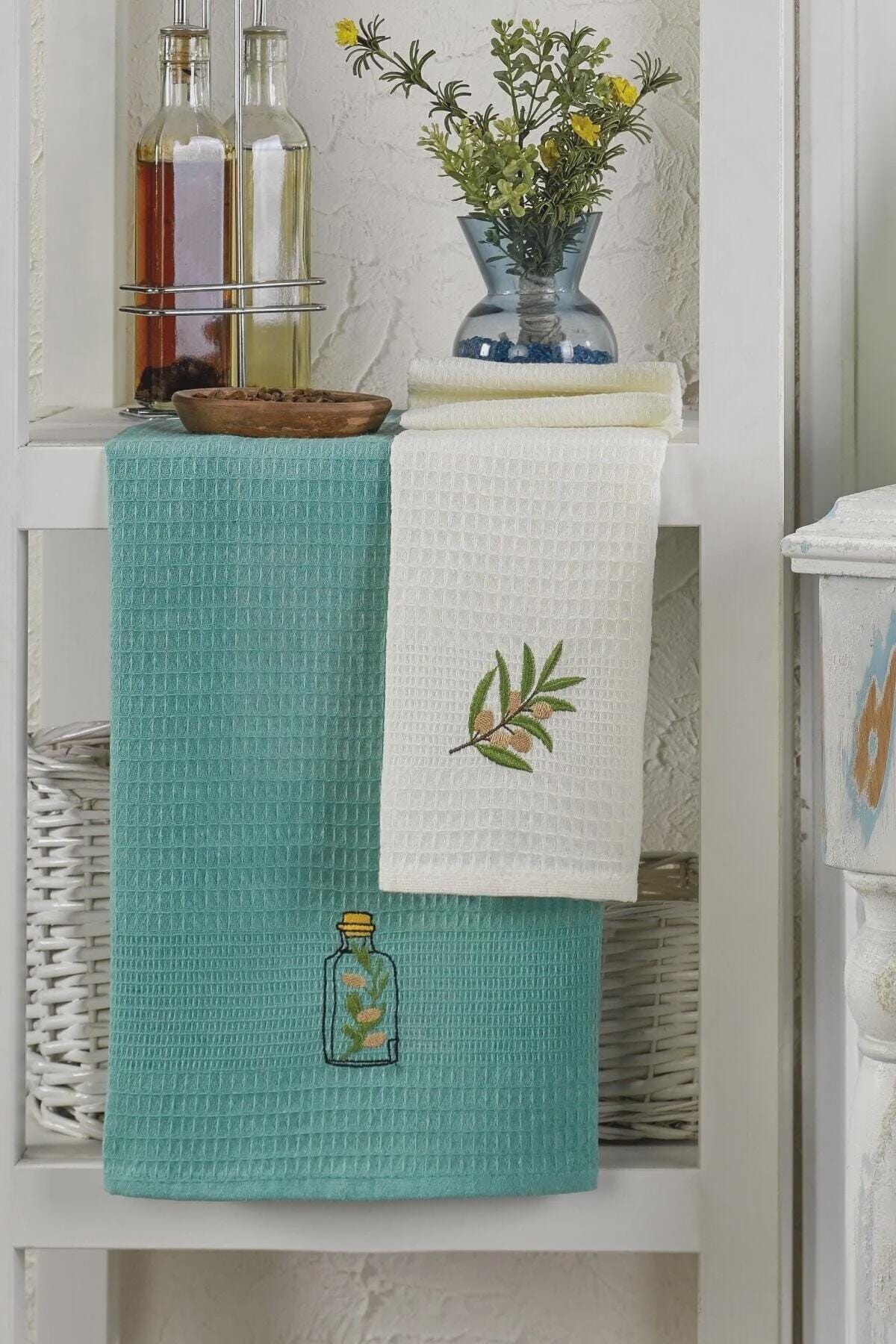 6-Piece Mint Embroidered Kitchen Towels – Premium Cotton Dishcloth Set, Absorbent Tea Towels for Drying & Cleaning – Avelora Textile