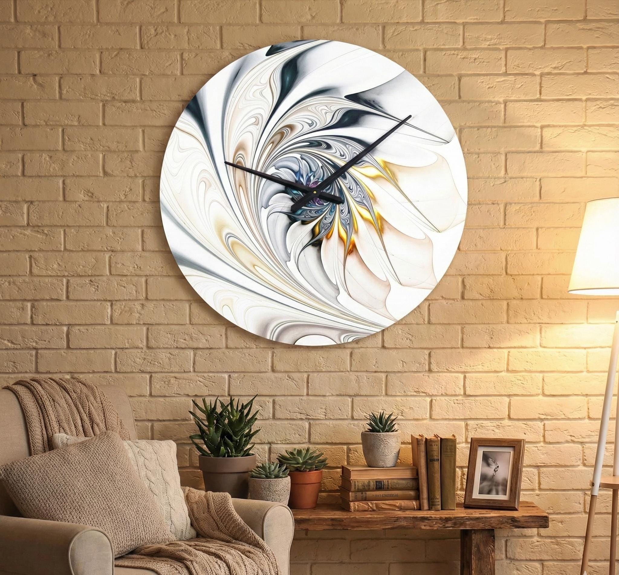 Howse White Glossy Floral Wall Clock – Modern 2D Printed Silent Clock, Elegant Flower Art Home Decor, Non-Ticking Battery Quartz Design
