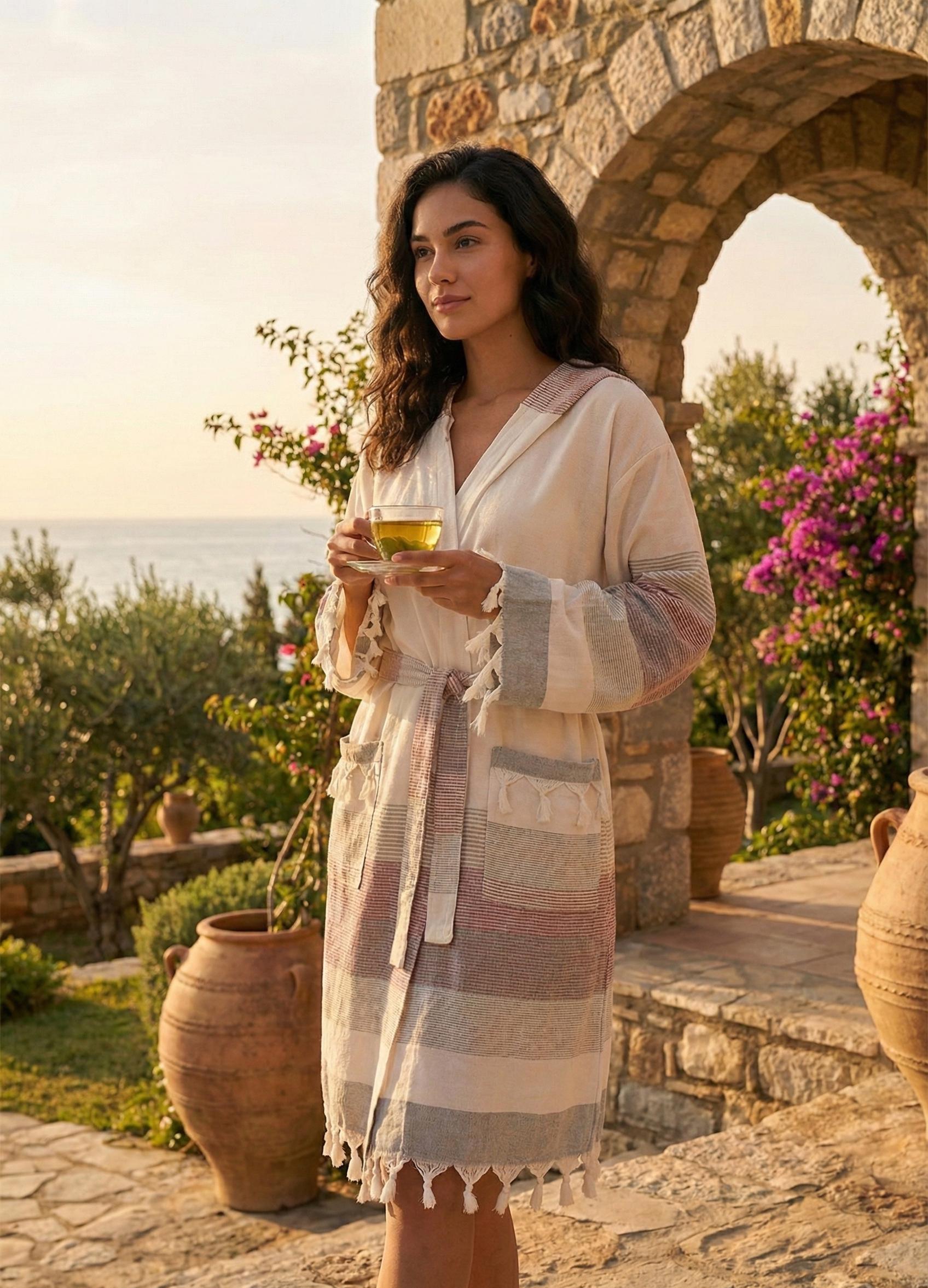 Turkish Peshtemal Bathrobe – Lightweight Cotton Summer Robe, Women & Unisex Kimono Style Bathrobe, Soft Hammam Towel Robe