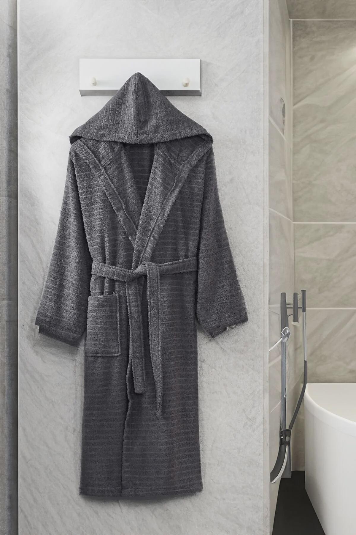 Anthracite Hooded Cotton Bathrobe – Soft Unisex Robe, Dark Grey Spa Bathrobe, Cozy Daily Use Robe, Lightweight Personalized Gift