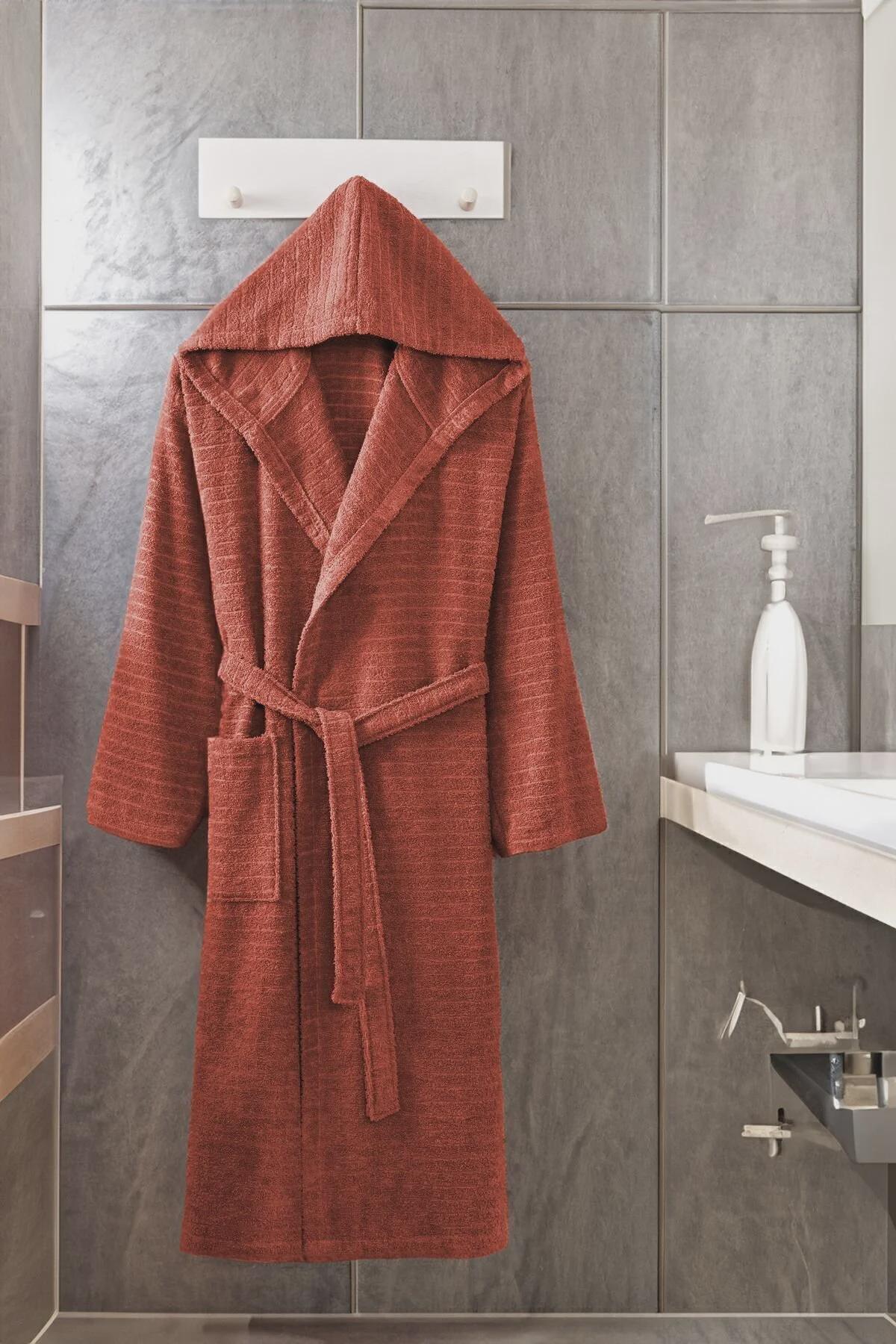 Terracotta Hooded Cotton Bathrobe – Soft Unisex Brick Color Robe, Cozy Daily Spa Bathrobe, Lightweight Personalized Gift